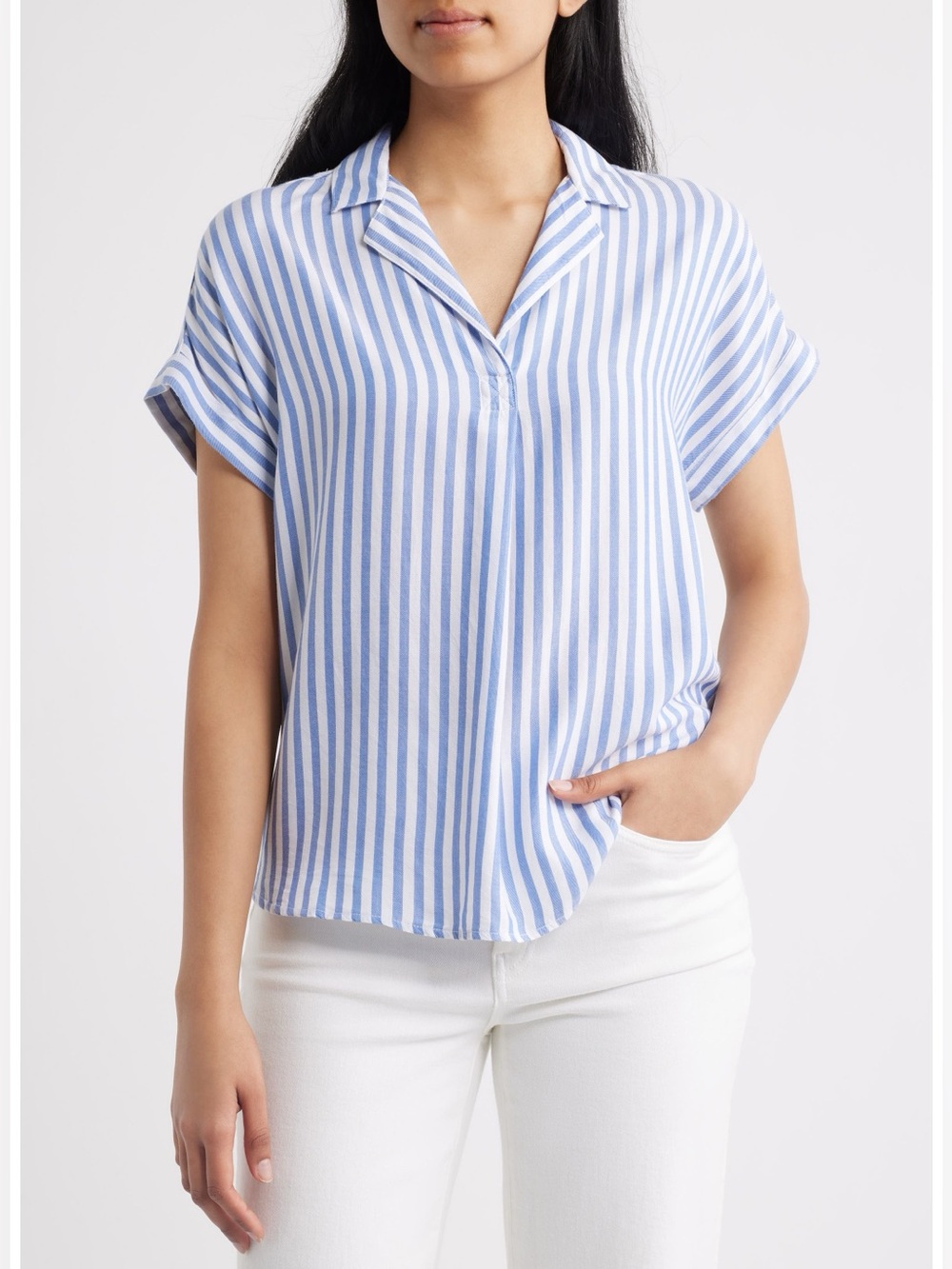 BeachLunchLounge Deni Stripe Shirt Slate Blue Short Sleeve Blouse Size S